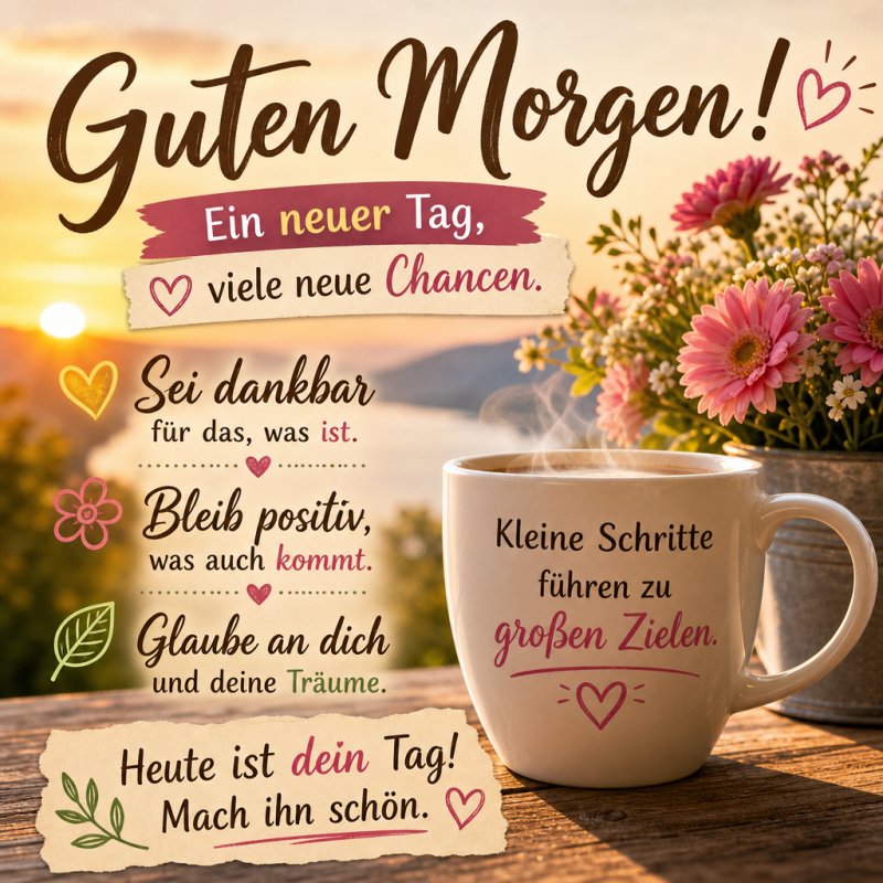 Ein dekorativer Guten-Morgen-Gruß mit einer Kaffeetasse, umgeben von Blumen, inspirierenden Sprüchen und einem sanften Sonnenaufgang im Hintergrund.