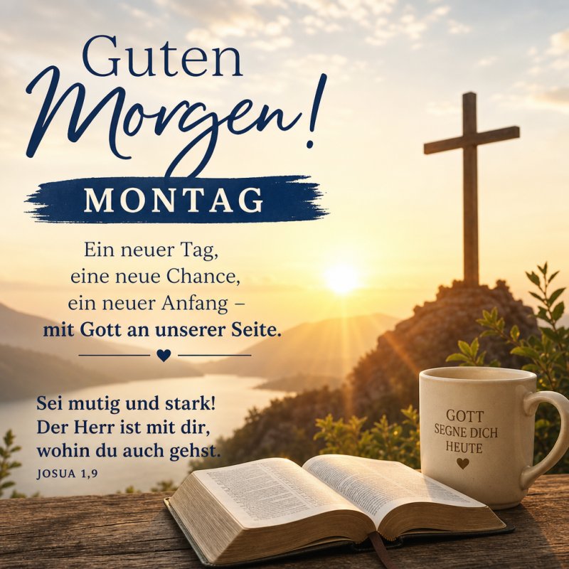 Ein inspirierender Guten-Morgen-Gruß zeigt eine Tasse Kaffee und eine aufgeschlagene Bibel vor einem Bergpanorama mit Kreuz im Sonnenaufgang.