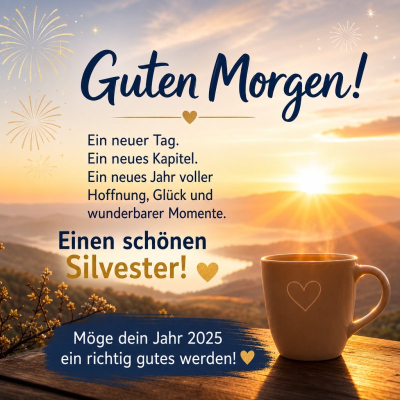 Ein heißer Kaffee mit Herzmotiv auf einem Tisch im Sonnenaufgang lädt zum Silvester-Guten-Morgen-Gruß mit einem inspirierenden Text ein.