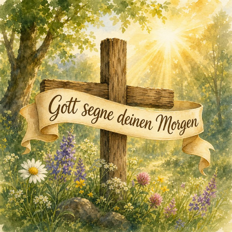 Guten-Morgen-Gruß in sanften Aquarellfarben: Sonnenstrahlen beleuchten ein Holzkreuz in einem Wald voller Wildblumen.