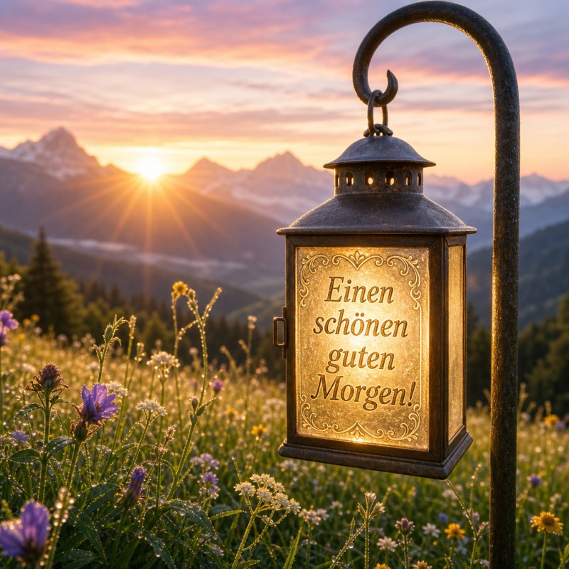 Guten-Morgen-Gruß als sanftes Foto: Eine Glasslaterne in einer alpinen Blumenwiese, beleuchtet von einem leuchtenden Sonnenaufgang mit vor alpinen Bergen.