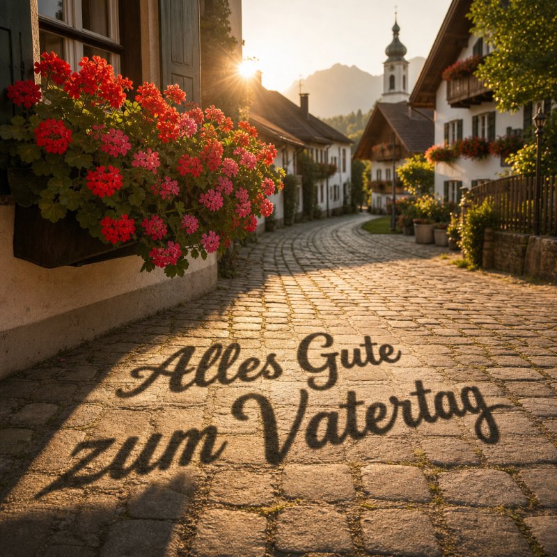Guten-Morgen-Gruß als Fotografie: ein malerisches Kopfsteinpflaster in einem bayerischen Dorf im Morgenlicht, von Geranien geschmückt.
