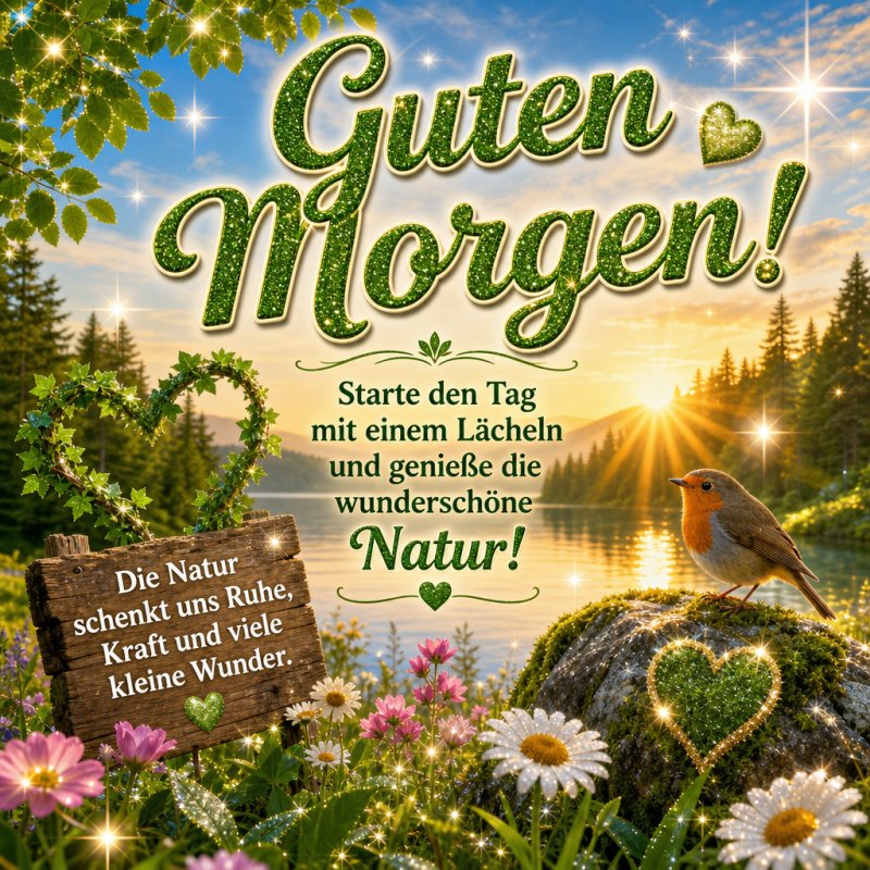 Ein verträumter Guten-Morgen-Gruß zeigt eine Morgenlandschaft mit einem Vogel auf einer Blumenwiese vor einem See, umgeben von Bergen und Sonnenschein.