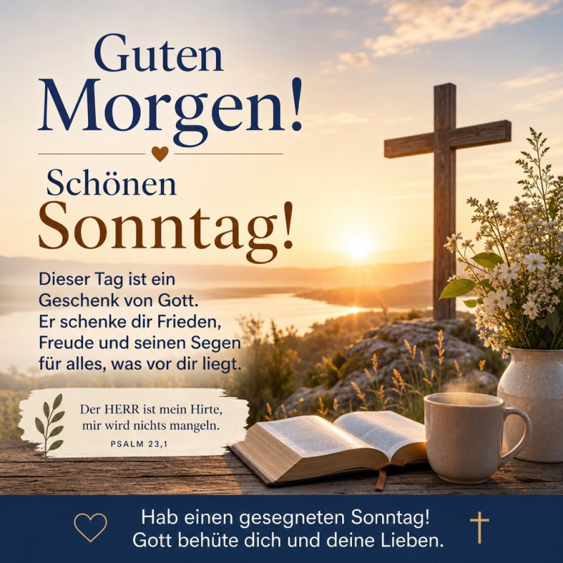 Eine friedliche Morgenlandschaft mit Blumen, Tee und Bibel vor einem See und Kreuz vermittelt einen besinnlichen Guten Morgen.