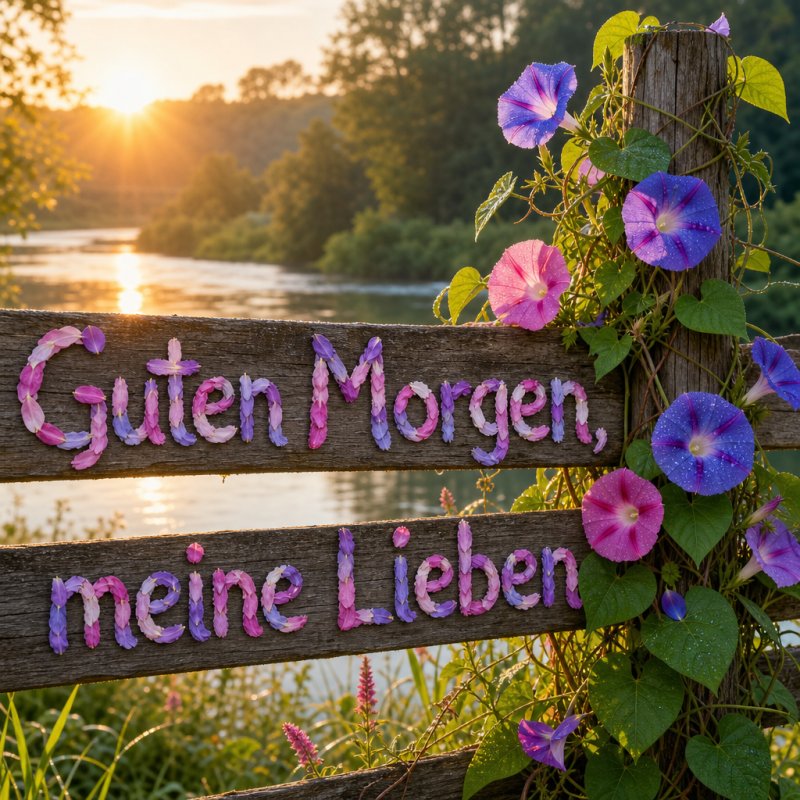 Guten-Morgen-Gruß als weiches Foto: bunte morgendliche Glories ranken an einem rustikalen Zaun und spiegeln sich im Wasser, während die Sonne aufgeht.