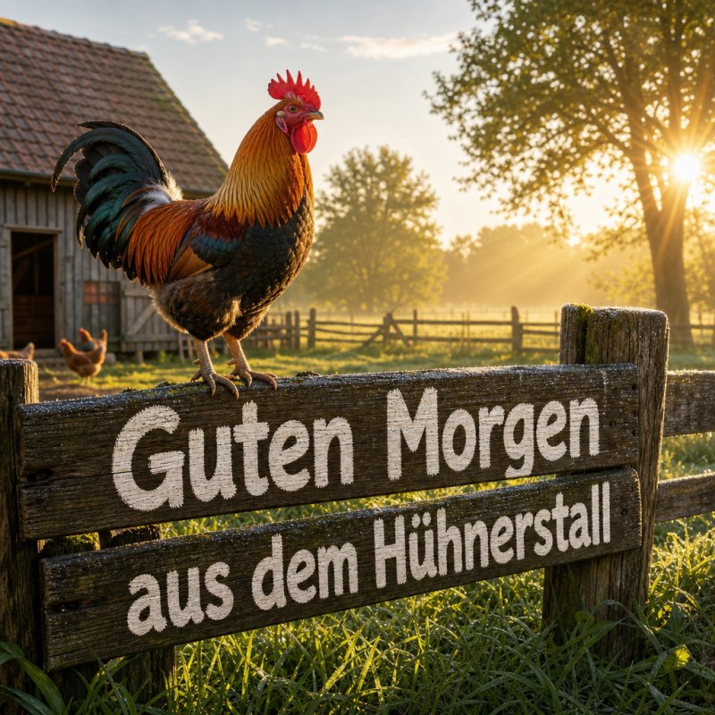 Ein charmanter Guten-Morgen-Gruß als fotorealistische 3D-Renderszene: Ein stolzer Hahn auf einem Holzzaun in der Morgensonne, der frühe Strahlen über die taufeuchte Wiese wirft.