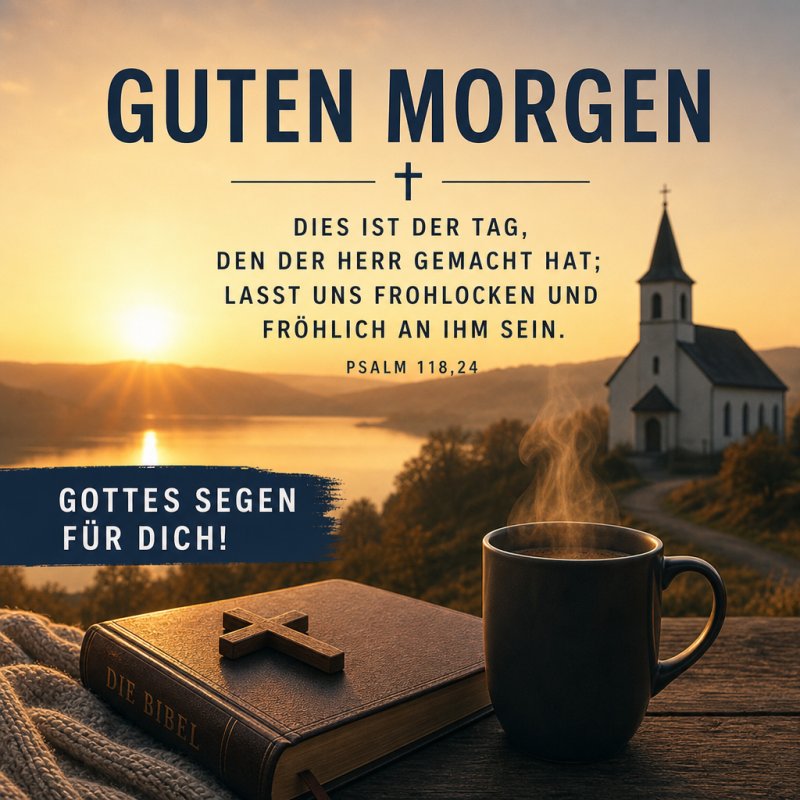 Ein dampfender Kaffee und eine Bibel vor einem malerischen See mit Kirche im Hintergrund beim Sonnenaufgang, dazu ein freundlicher Guten-Morgen-Gruß.