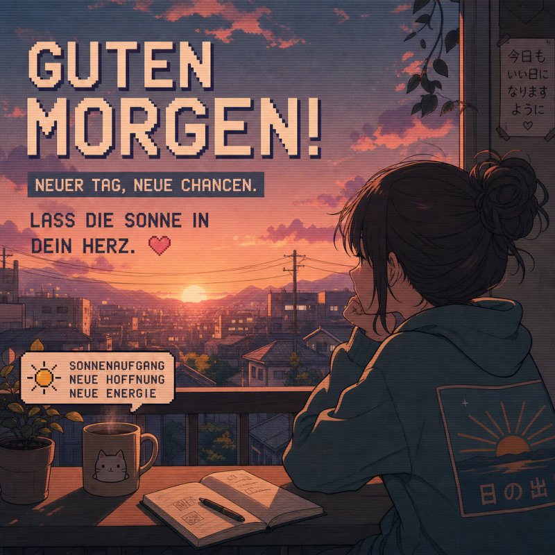 Eine Frau blickt bei Sonnenaufgang über die Stadt, während sie einen warmen Guten-Morgen-Gruß genießt, in einem gemütlichen, illustrativen Stil.