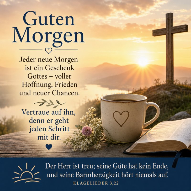 Guten-Morgen-Gruß mit Bibel, Tasse und Kreuz vor einem Sonnenaufgang in den Bergen, der eine friedliche und hoffnungsvolle Stimmung vermittelt.