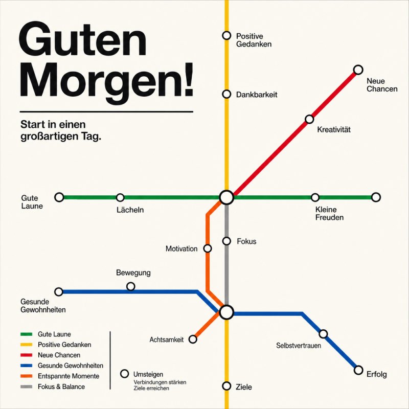 Eine farbenfrohe U-Bahn-Karte symbolisiert verschiedene Lebensziele und positive Werte entlang der Linien, mit einem inspirierenden Guten-Morgen-Gruß.