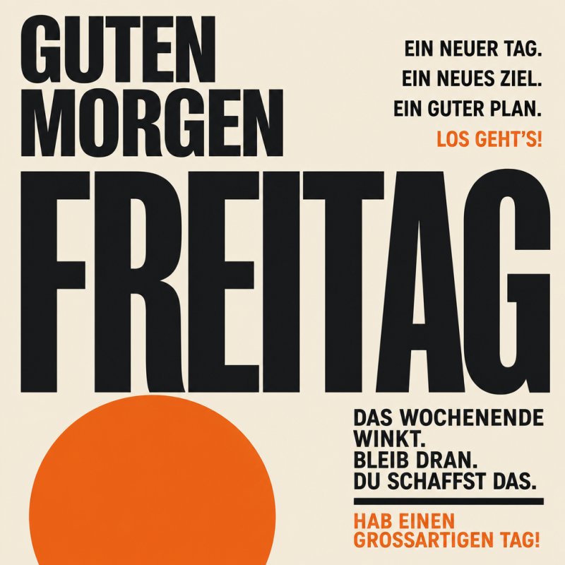 Ein dynamischer Guten-Morgen-Gruß für Freitag mit motivierenden Sätzen in Schwarz und Orange und einem großen orangefarbenen Kreis, der Energie ausstrahlt.