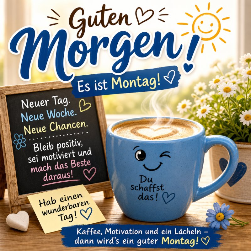 Ein freundlicher Guten-Morgen-Gruß mit einem lächelnden Kaffeebecher verströmt positive Vibes für den Montag, umgeben von Blumen und motivierenden Botschaften.