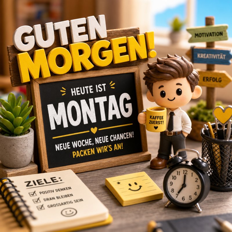 Ein fröhlicher Puppenmann hält eine Tasse mit der Aufschrift 'Kaffee zuerst!' vor einer Tafel mit 'Montag', umgeben von Pflanzen und Büromaterialien als Guten-Morgen-Gruß.