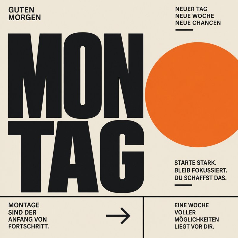 Ein minimalistisches Design mit großem "Montag" Text und orangenem Kreis vermittelt einen motivierenden Guten-Morgen-Gruß für den Wochenbeginn.