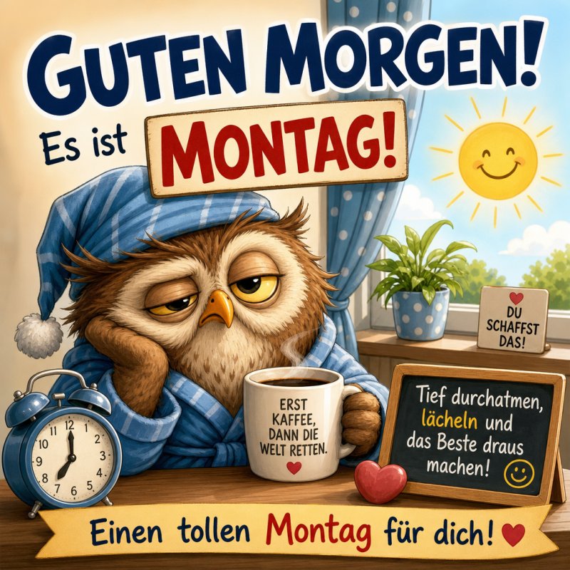 Ein müde aussehende Eule in Schlafmütze hält eine Kaffeetasse mit der Aufschrift 'Erst Kaffee, dann die Welt retten' als Teil eines fröhlichen Guten-Morgen-Grußes.