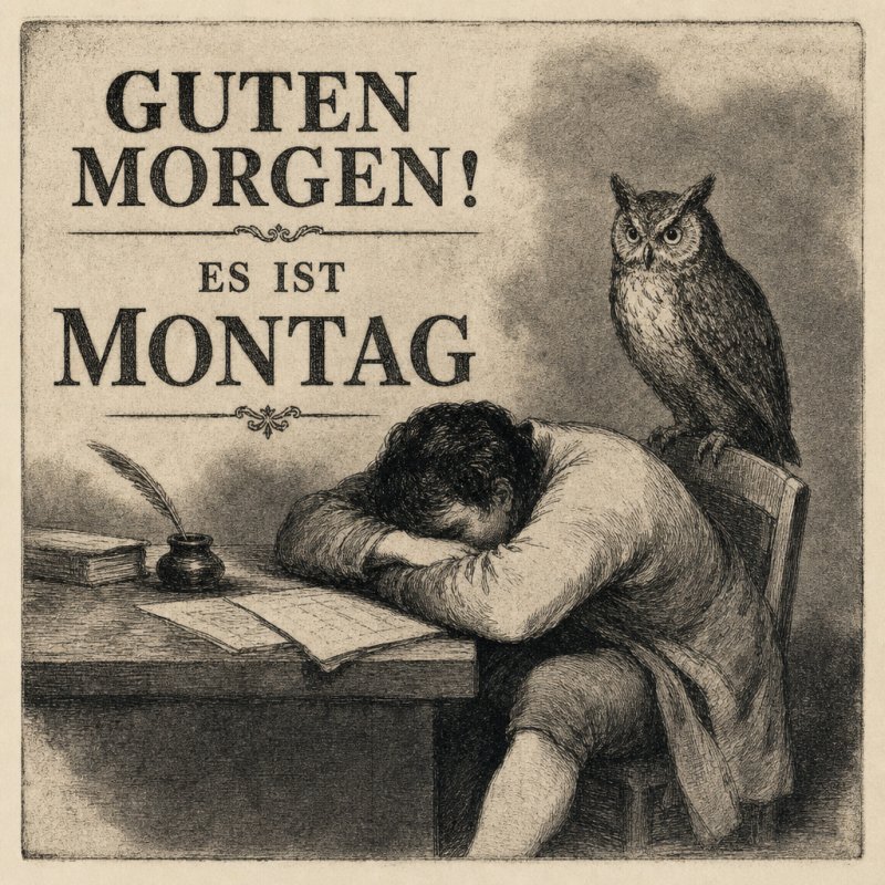 Ein erschöpfter Mann schläft auf einem Tisch neben einer Eule, während ein Tintenfass sichtbar ist, mit dem Guten-Morgen-Gruß für Montag.
