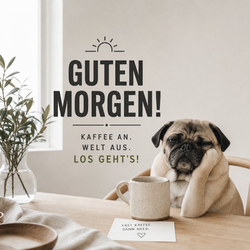 Ein müder Mops mit einer Tasse Kaffee sitzt am Tisch neben einem Pflanzenstrauß, begleitet von einem humorvollen Guten-Morgen-Gruß.
