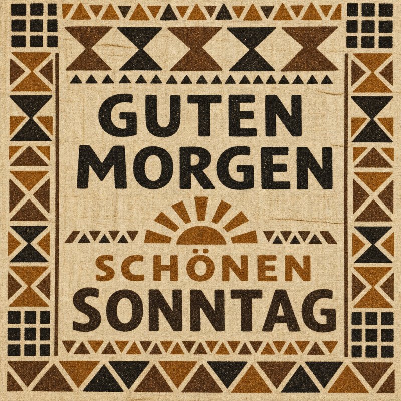 Eine Guten-Morgen-Grußkarte mit geometrischen Mustern im Ethno-Stil und einem Sonnenmotiv, die einen schönen Sonntag wünscht.