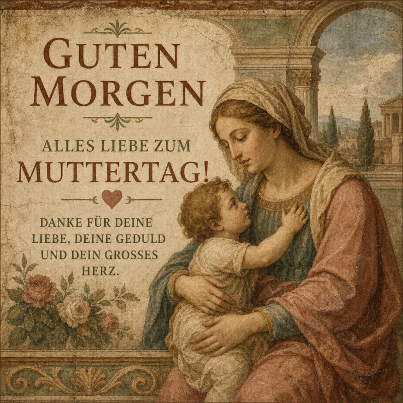 Ein antikes Bild zeigt eine Mutter, die liebevoll ihr Kind hält, mit der Aufschrift 'Guten Morgen, alles Liebe zum Muttertag!' in warmen Tönen.
