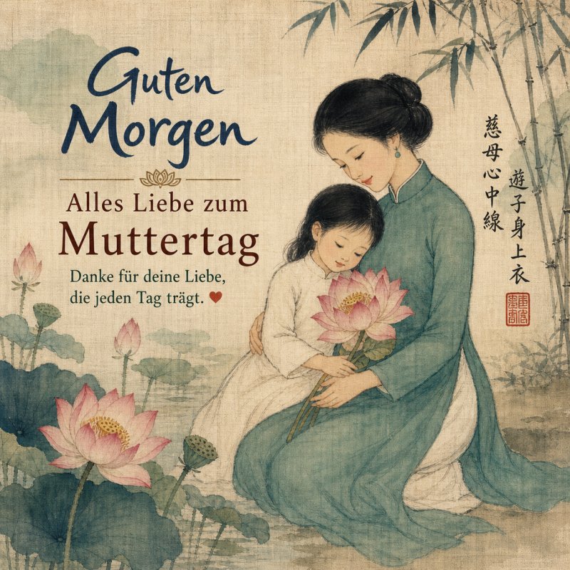 Eine zärtliche Mutter umarmt ihr Kind in traditioneller Kleidung, beide halten eine Lotusblume, mit „Guten Morgen“ und Muttertagswünschen verziert.
