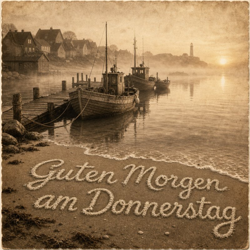 Guten-Morgen-Gruß in einem Vintage-Postkartenmotiv: Nebelumhülltes Fischerdorf am frühen Morgen mit Booten und Meeresschaum-Gruß auf dem Sandstrand.