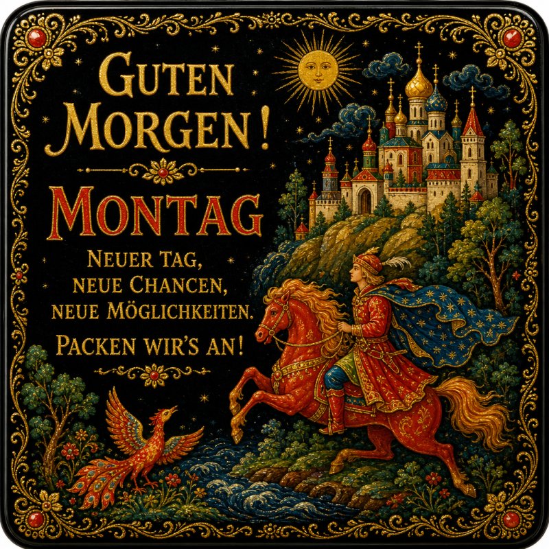 Ein mittelalterlicher Ritter reitet auf einem roten Pferd in einer fantastischen Landschaft mit Schloss und Phönix, als fantasievoller Guten-Morgen-Gruß für Montag.