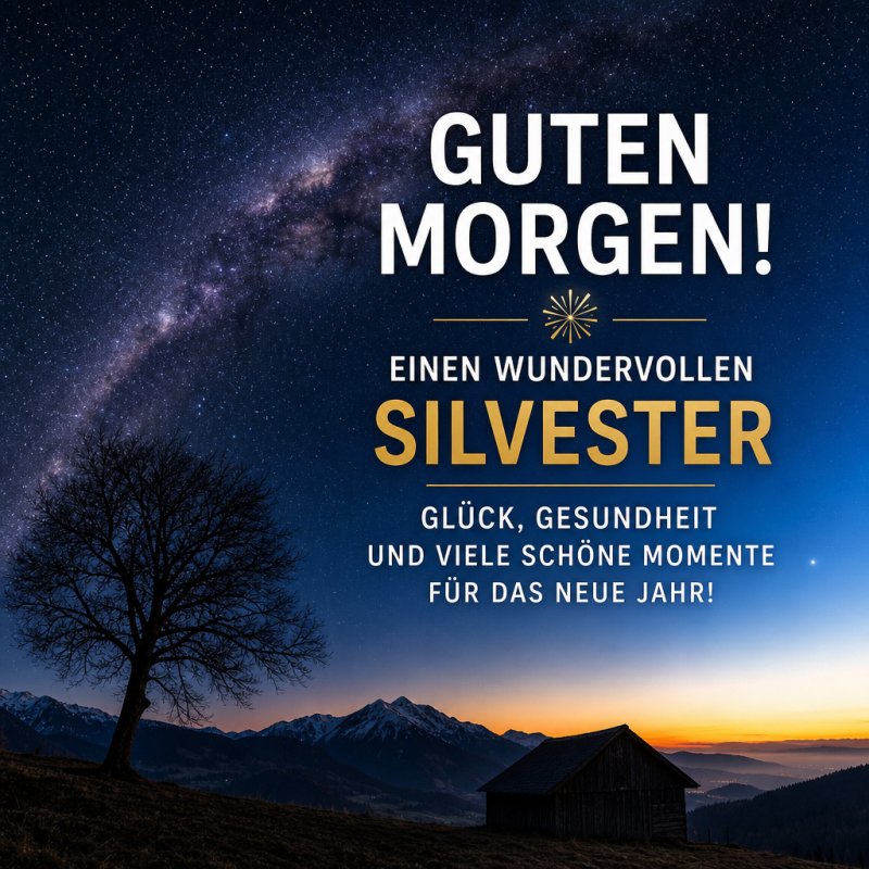 Ein eindrucksvoller Sternenhimmel wölbt sich über eine ruhige Berglandschaft mit einem einsamen Baum und einer Hütte, begleitet von einem Guten-Morgen-Gruß.