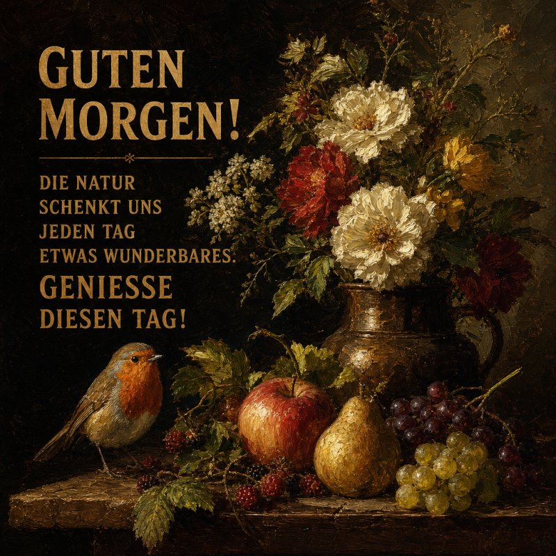 Ein stilllebenartiges Bild mit einem Rotkehlchen, Obst und Blumen in einer Vase vermittelt einen warmen Guten-Morgen-Gruß in rustikalem Stil.
