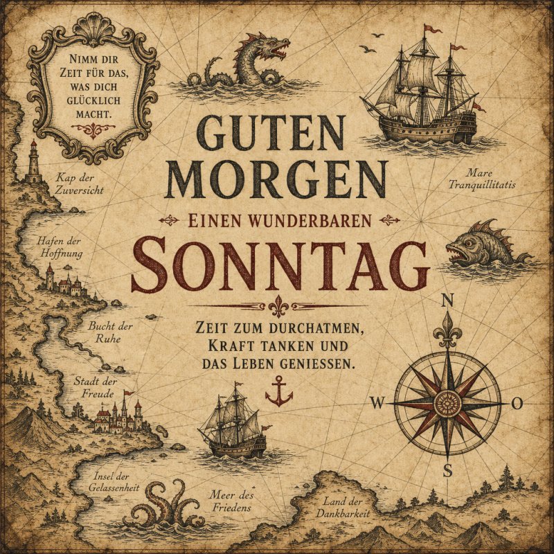 Eine detailreiche, nautische Vintage-Karte mit Kompassrose und Schiffen serviert als Guten-Morgen-Gruß für einen wunderbaren Sonntag.