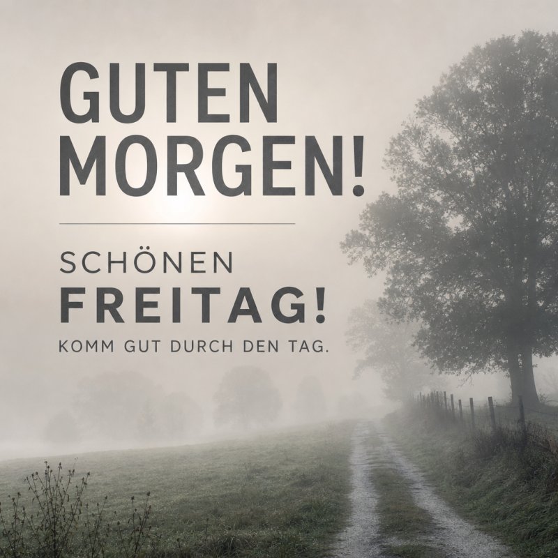 Ein nebliger Feldweg mit Bäumen unter einem Guten-Morgen-Gruß, der eine ruhige Freitagmorgenstimmung vermittelt.