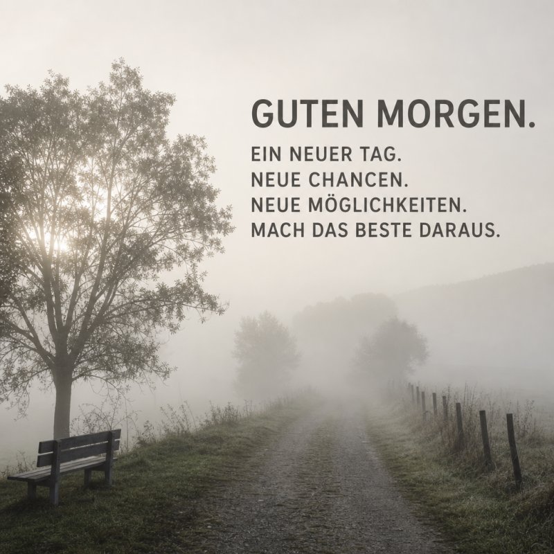 Ein nebliger Weg durch eine Waldlandschaft mit einer einsamen Bank und einem Guten-Morgen-Gruß im Nebel schafft eine ruhige Morgenatmosphäre.