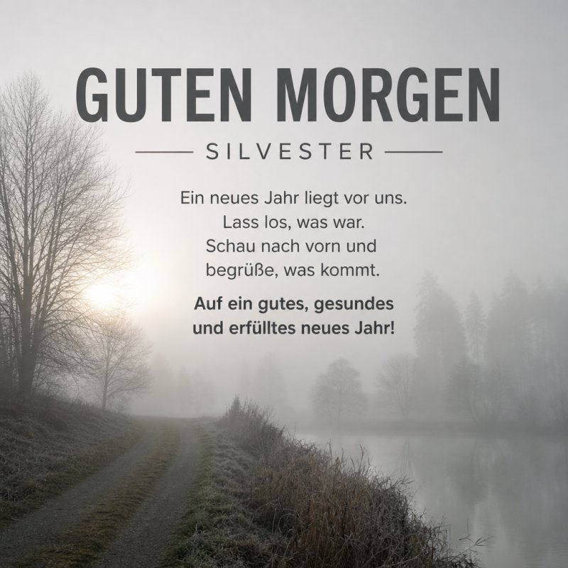 Ein nebliger Morgen am See mit kahlen Bäumen und frostiger Atmosphäre lädt zu einem ruhigen Guten-Morgen-Gruß zu Silvester ein.
