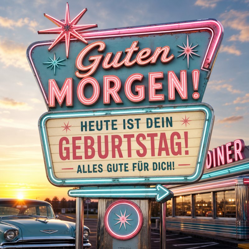 Ein Retro-Diner-Schild mit Neonlichtern verkündet einen fröhlichen Guten-Morgen-Gruß zum Geburtstag vor einem Sonnenaufgangshimmel.