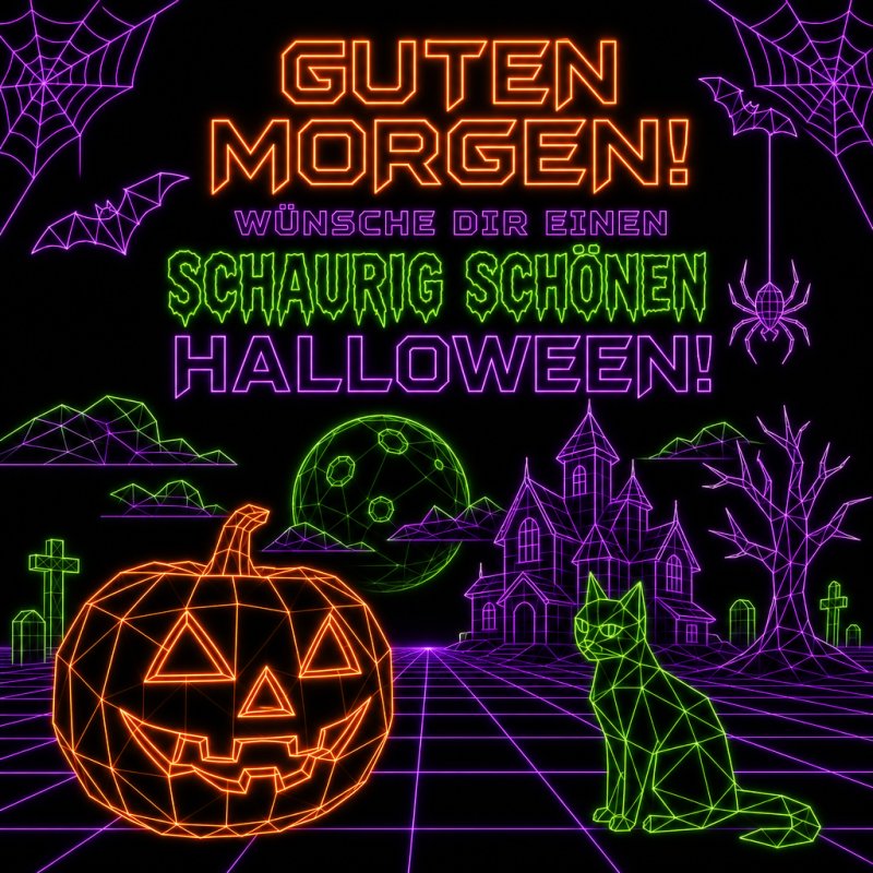 Ein Neonbild zeigt einen Kürbis, Katze, Geisterhaus und Mond, umrahmt von Spinnweben, als schaurig-schöner Guten-Morgen-Gruß zu Halloween.