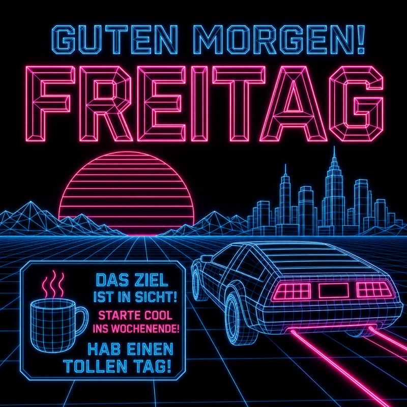Ein Retro-Guten-Morgen-Gruß im Neondesign zeigt ein futuristisches Auto, eine Stadt und eine Sonne vor Linienraster-Hintergrund mit motivierenden Texten.