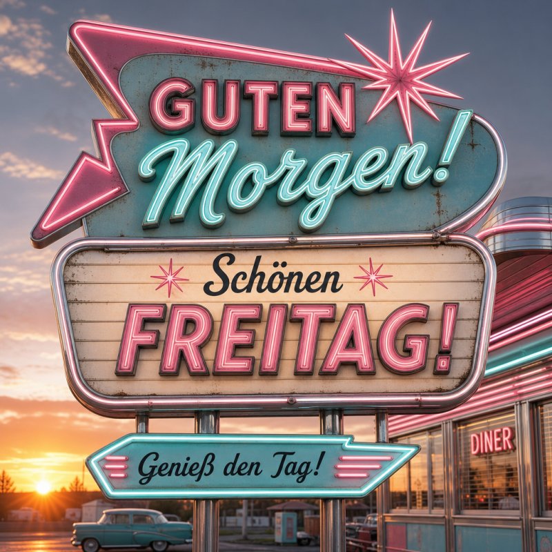 Ein retro Neon-Schild mit 'Guten Morgen' und 'Schönen Freitag' steht vor einem Diners bei Sonnenuntergang; ein freundlicher Guten-Morgen-Gruß für den Freitag.