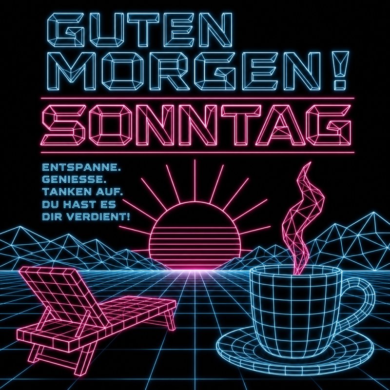 Ein futuristischer Guten-Morgen-Gruß zeigt eine Neonsonne am Horizont und eine stilisierte Kaffeetasse in einem digitalen Rasterhintergrund mit dem Wort Sonntag.