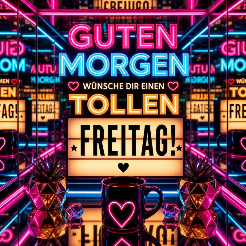 Ein bunter Guten-Morgen-Gruß in Neonfarben mit Spiegelungen, einer Kaffeetasse mit Herzmotiv und dem Schriftzug 'Freitag' in einem leuchtenden Raum.