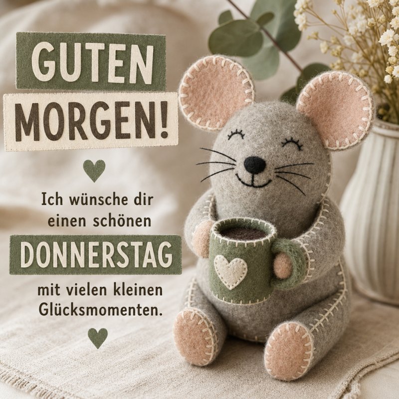Eine lächelnde Filzmaus mit einer Tasse im Arm bietet einen herzlichen Guten-Morgen-Gruß, umgeben von sanften Farben und Trockenblumen als Dekoration.