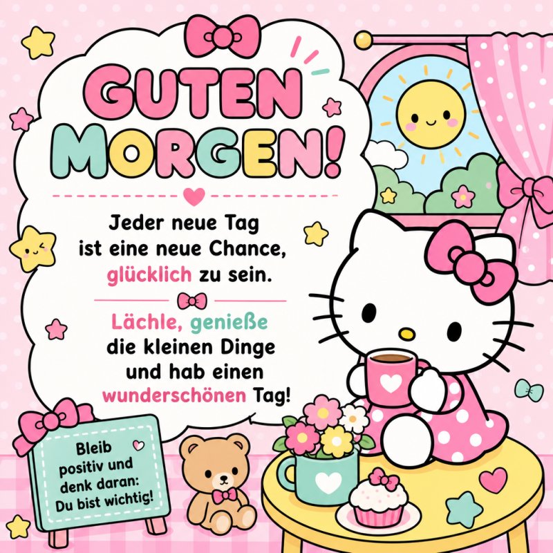 Ein fröhlicher Guten-Morgen-Gruß zeigt eine niedliche Katze mit rosa Schleife, die Kaffee an einem Tisch mit Sonnenaufgang im Fenster genießt.