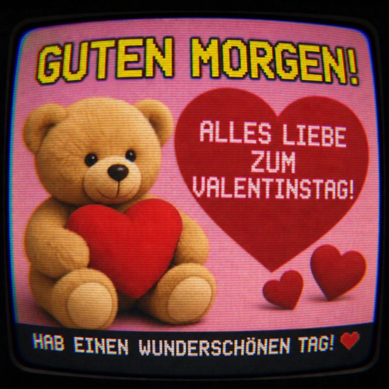 Ein süßer Plüschbär hält ein großes rotes Herz vor einer retro Fernseher-Ästhetik als Valentinstags-Guten-Morgen-Gruß, umgeben von kleinen Herzchen.