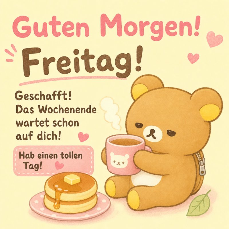 Ein niedlicher Bär sitzt mit einer Tasse Kaffee neben einem Teller Pfannkuchen und versprüht eine fröhliche Guten-Morgen-Gruß-Atmosphäre für Freitag.