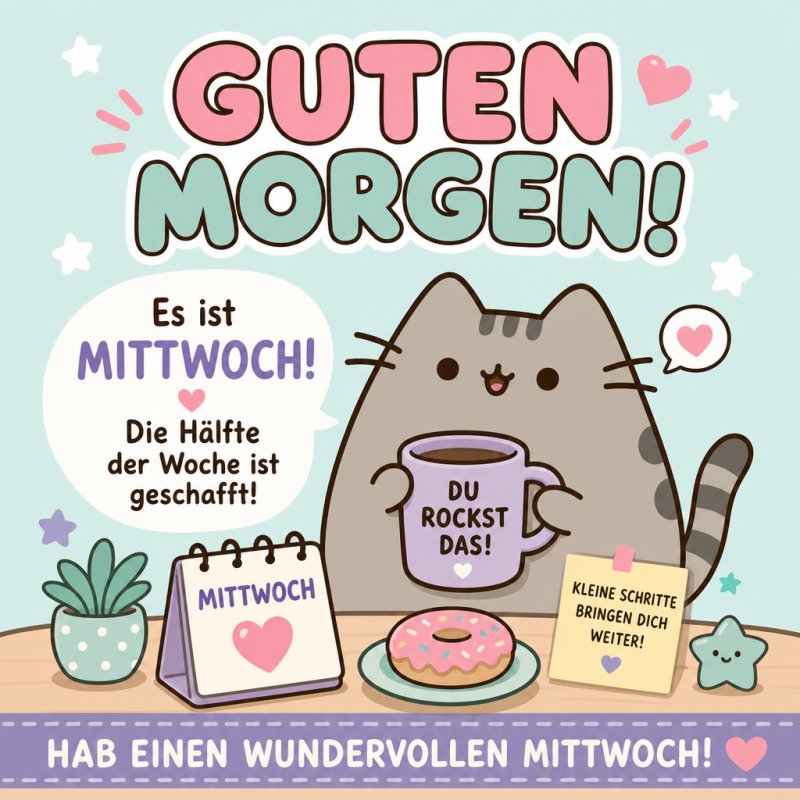 Ein fröhlicher Guten-Morgen-Gruß zeigt eine süße Katze mit Kaffeebecher, Kalenderblatt für Mittwoch und Donut, umgeben von Herz- und Sternmotiven.