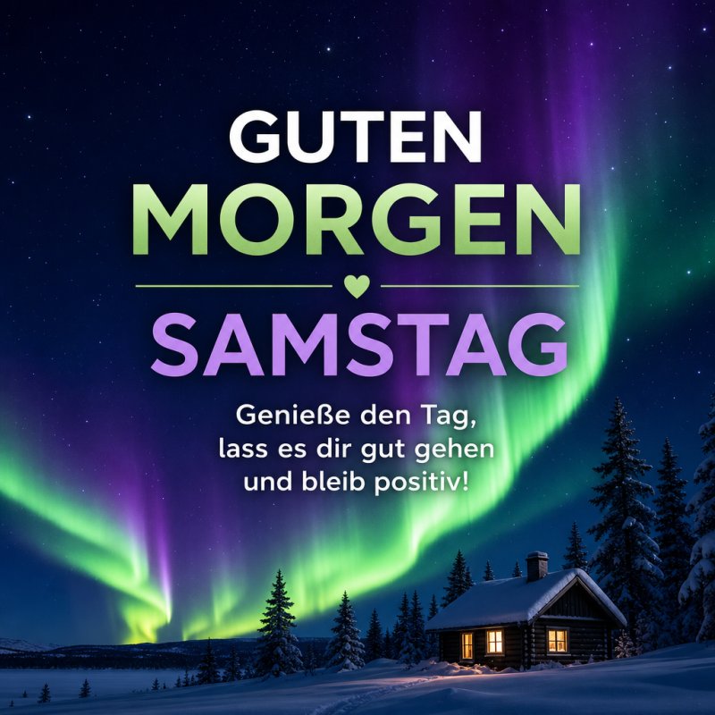 Ein warm beleuchtetes Haus steht in einer verschneiten Landschaft unter beeindruckenden Nordlichtern mit dem Text für einen Guten-Morgen-Gruß am Samstag.