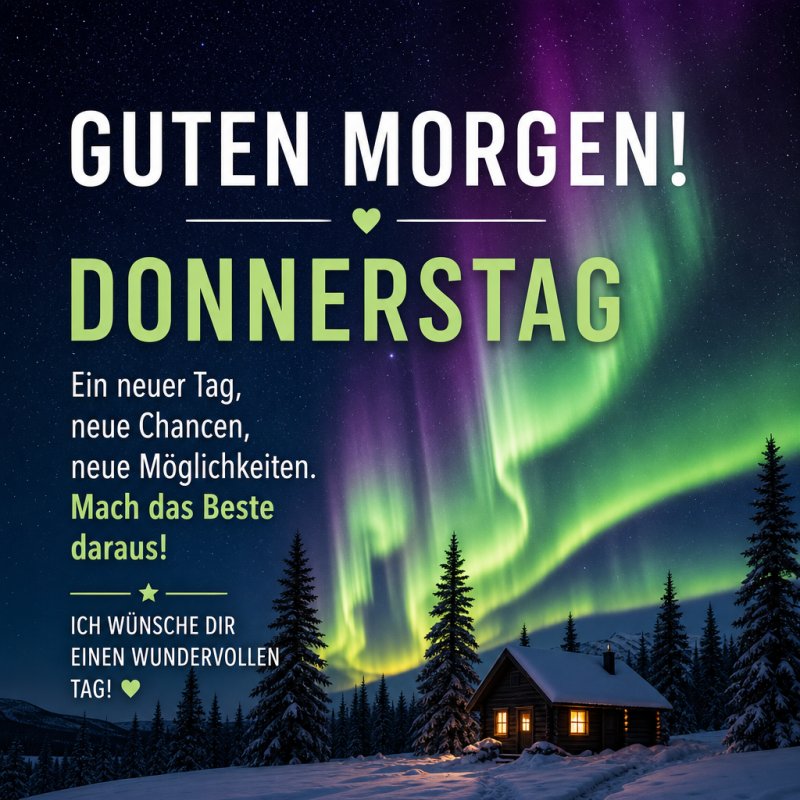 Ein beleuchtetes Winterhaus vor einem spektakulären Nordlicht am Nachthimmel schafft eine magische Stimmung für den Guten-Morgen-Gruß am Donnerstag.