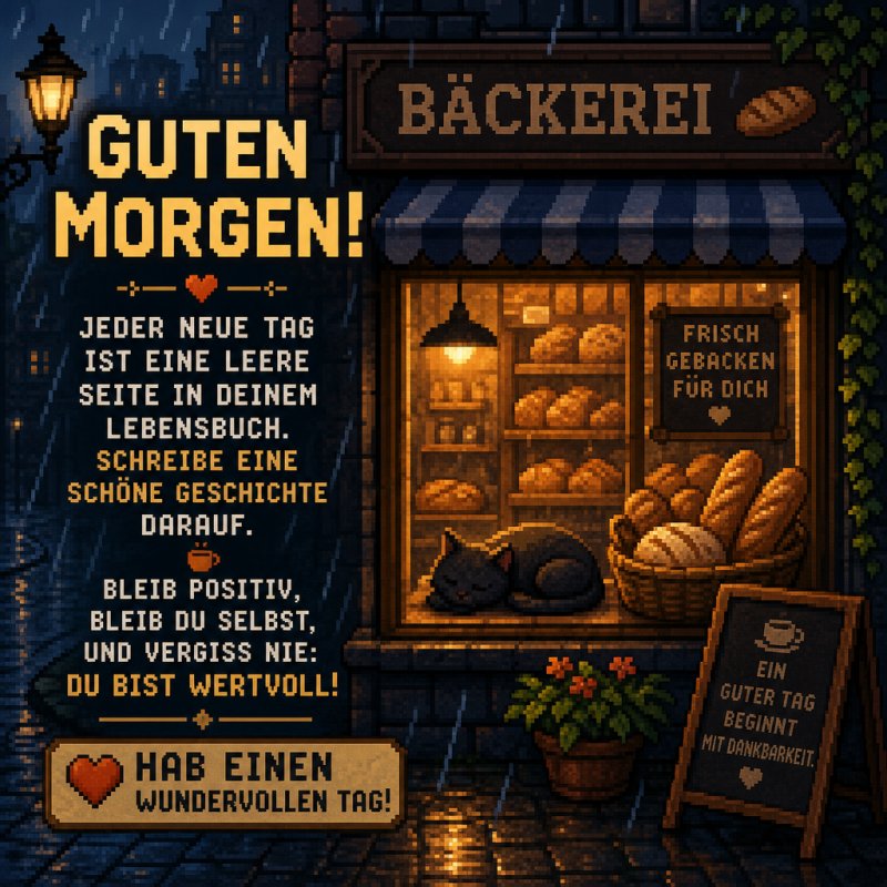 Ein nostalgisch gestalteter Guten-Morgen-Gruß zeigt eine ruhige Bäckerei bei Regen mit einem schlafenden Hund, frischem Brot und inspirierendem Text.