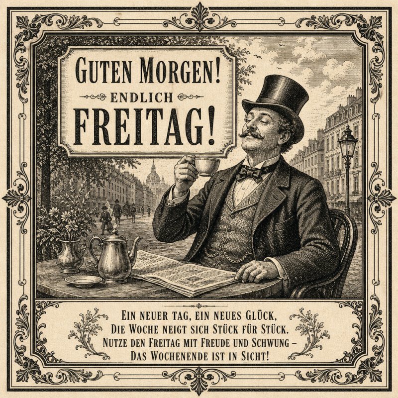 Ein Mann im Zylinder genießt seinen Kaffee im Vintage-Stil, begleitet von einem Guten-Morgen-Gruß für Freitag, umgeben von eleganten Stadtgebäuden und Straßenlaternen.