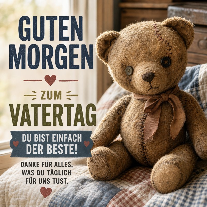 Ein nostalgischer Teddybär mit Schleife sitzt kuschelig am Fenster, umgeben von Holzmöbeln, als liebevoller Guten-Morgen-Gruß zum Vatertag.