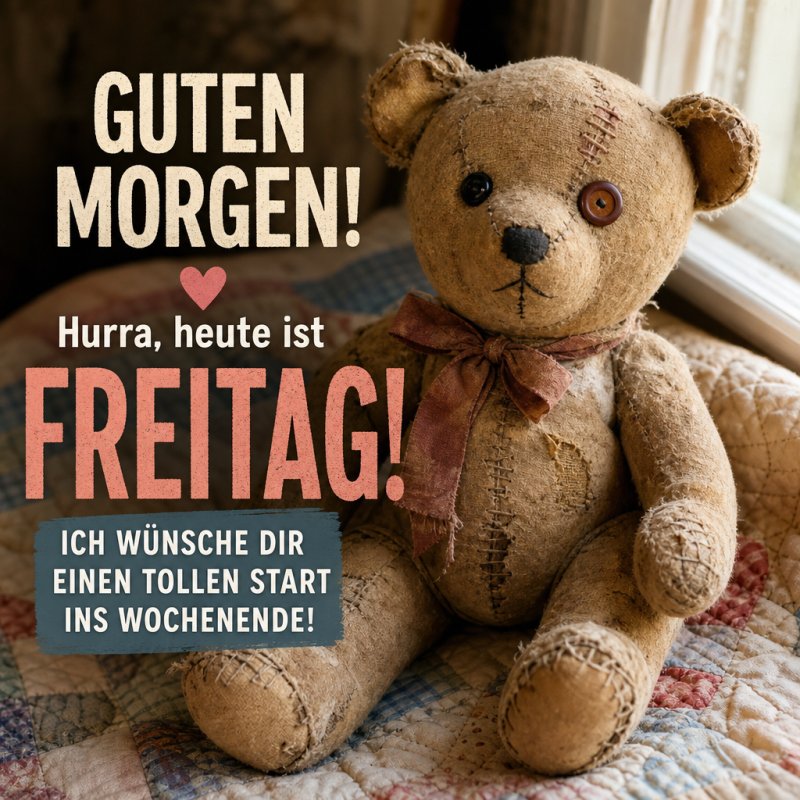 Ein alter Teddybär mit einer Schleife sitzt auf einer gesteppte Decke am Fenster und vermittelt einen nostalgischen Guten-Morgen-Gruß zum Freitag.