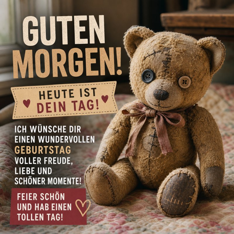 Ein nostalgischer, leicht abgenutzter Teddybär auf einer gestreiften Decke verbreitet einen warmen Guten-Morgen-Gruß zum Geburtstag in gemütlicher Atmosphäre.